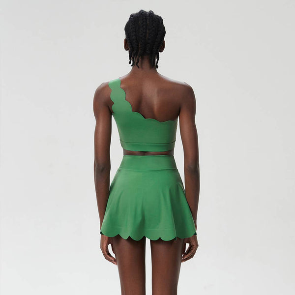 Women Seamless Tennis Set Quick-Dry Bra & Ruffle Hem Skirt: White / S