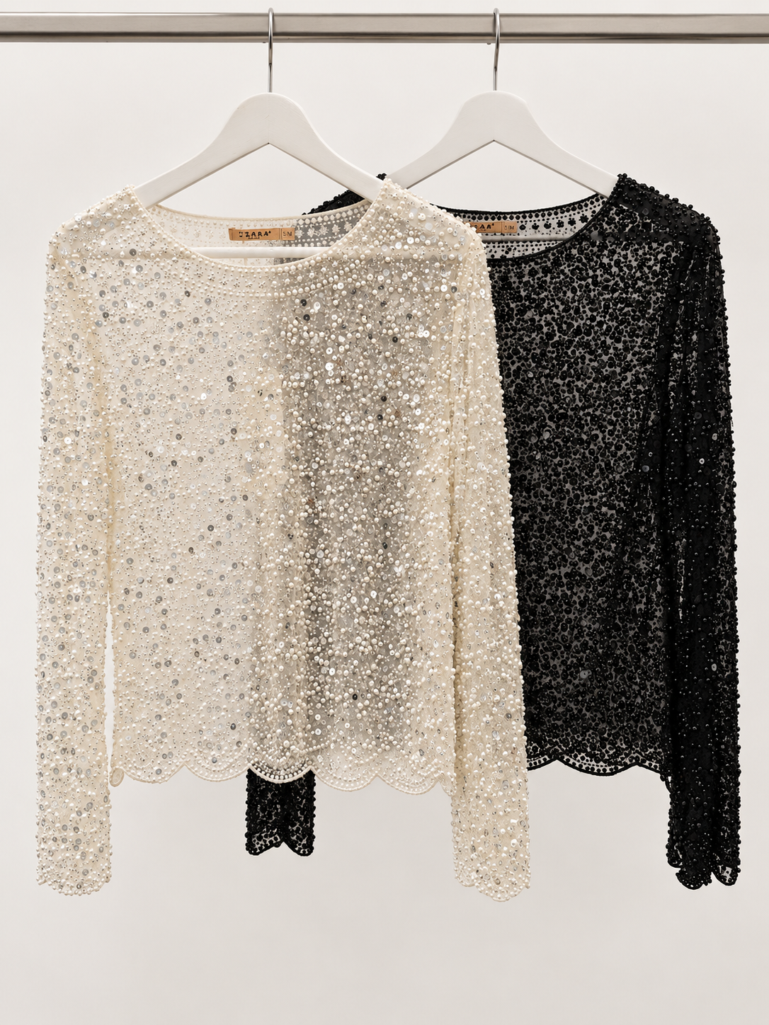 Estelle embellished sheer long-sleeve top in ivory and black