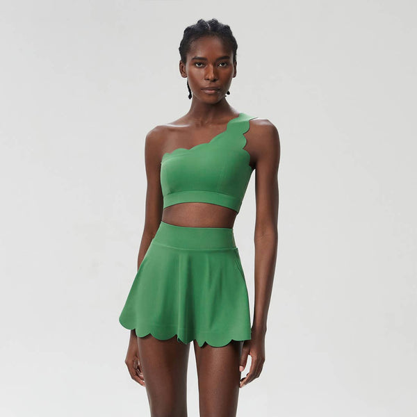 Women Seamless Tennis Set Quick-Dry Bra & Ruffle Hem Skirt: Purple Gray / S