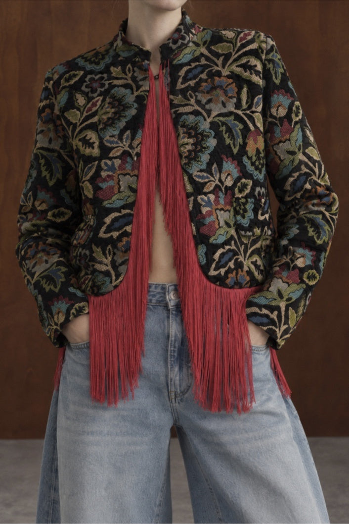 Floral tapestry fringe jacket styled