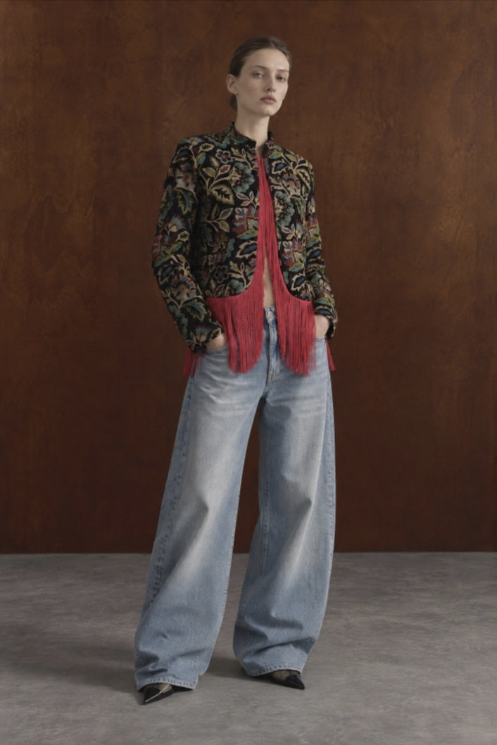 Floral tapestry fringe jacket full look