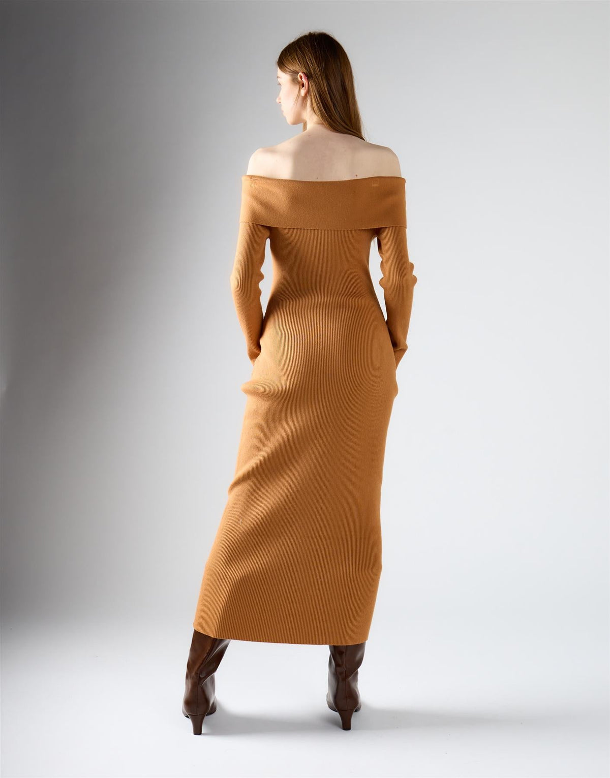 Tan Bardot knitted maxi dress – view 2