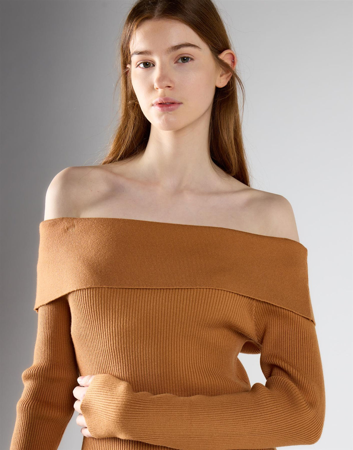 Tan Bardot knitted maxi dress – view 3