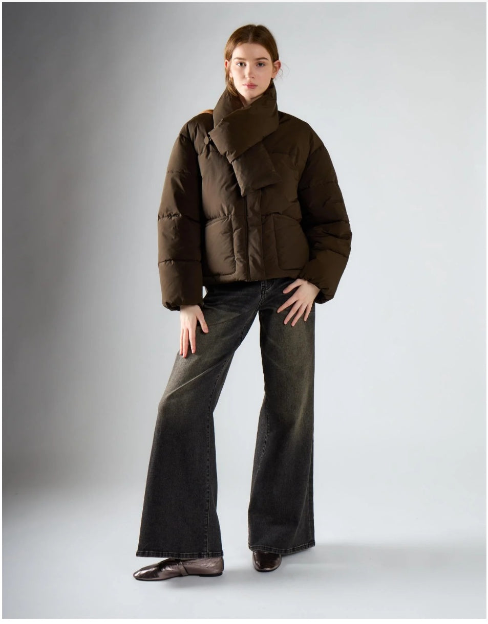 Deep khaki scarf detail padded jacket full length