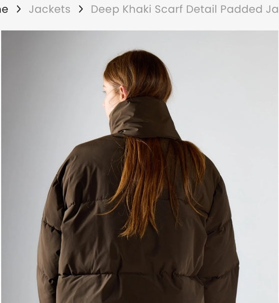 Deep khaki scarf detail padded jacket back view