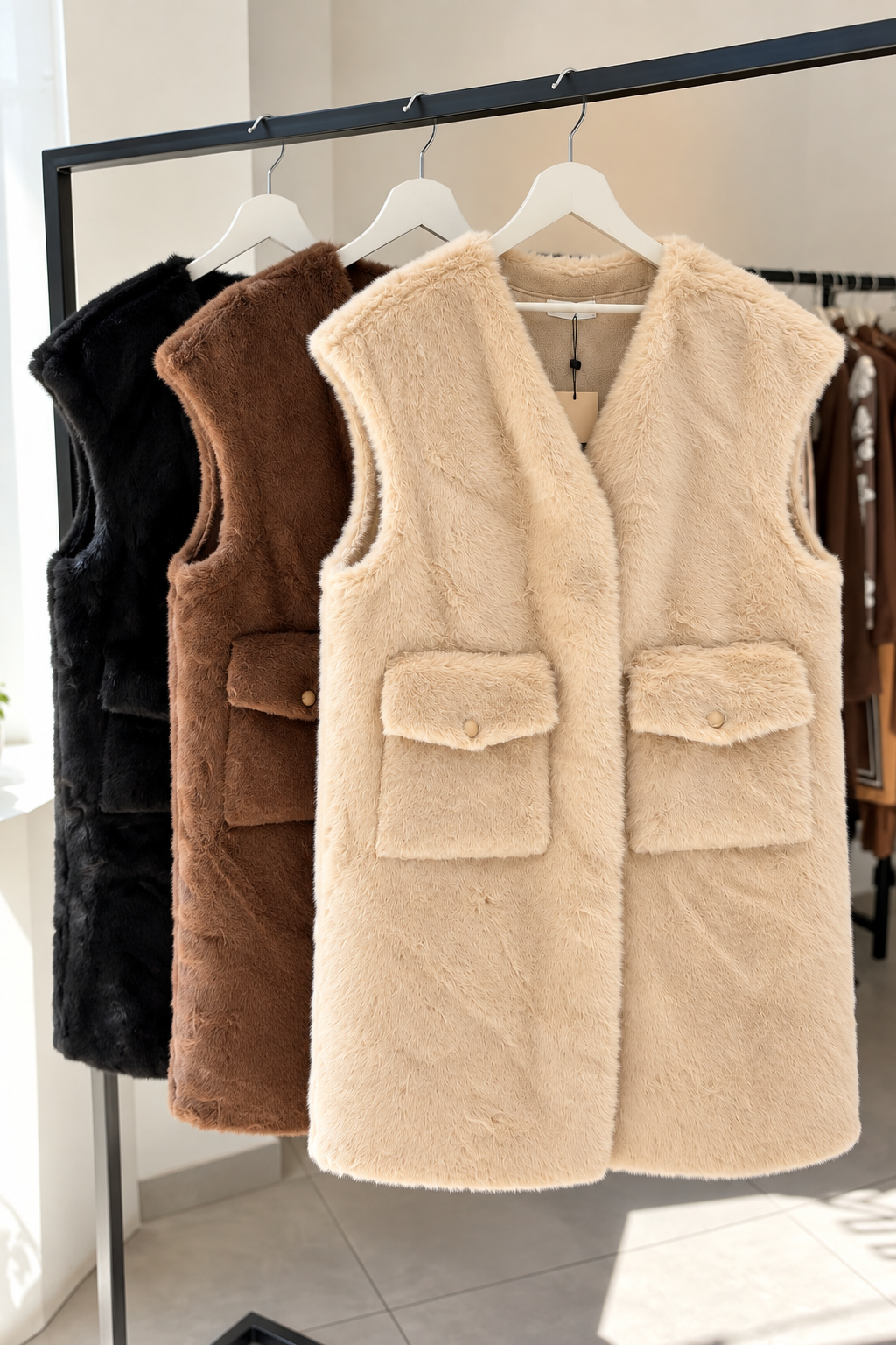 Luna Faux Fur Long Vest in cream, brown and black