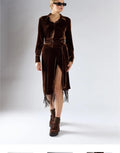 Brown velvet fringe midi skirt