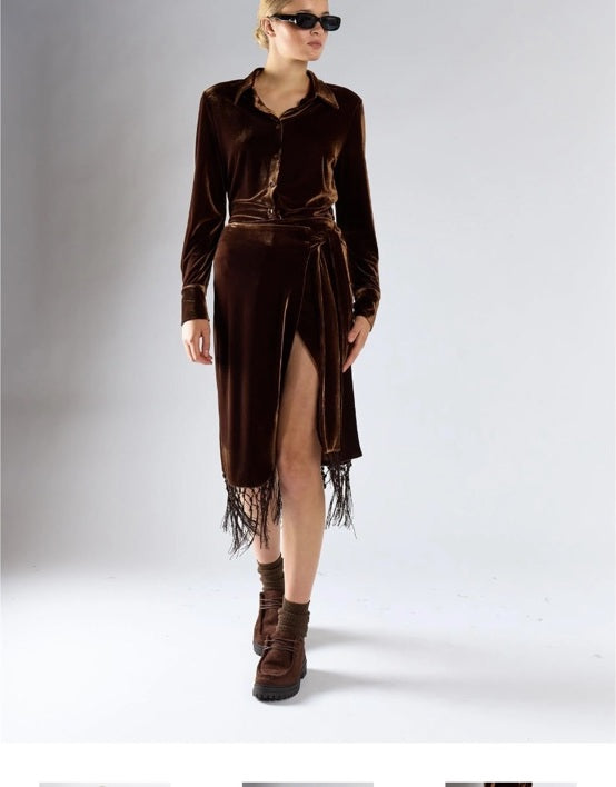 Brown velvet fringe midi skirt