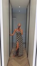 Black and ivory floral maxi dress, front view