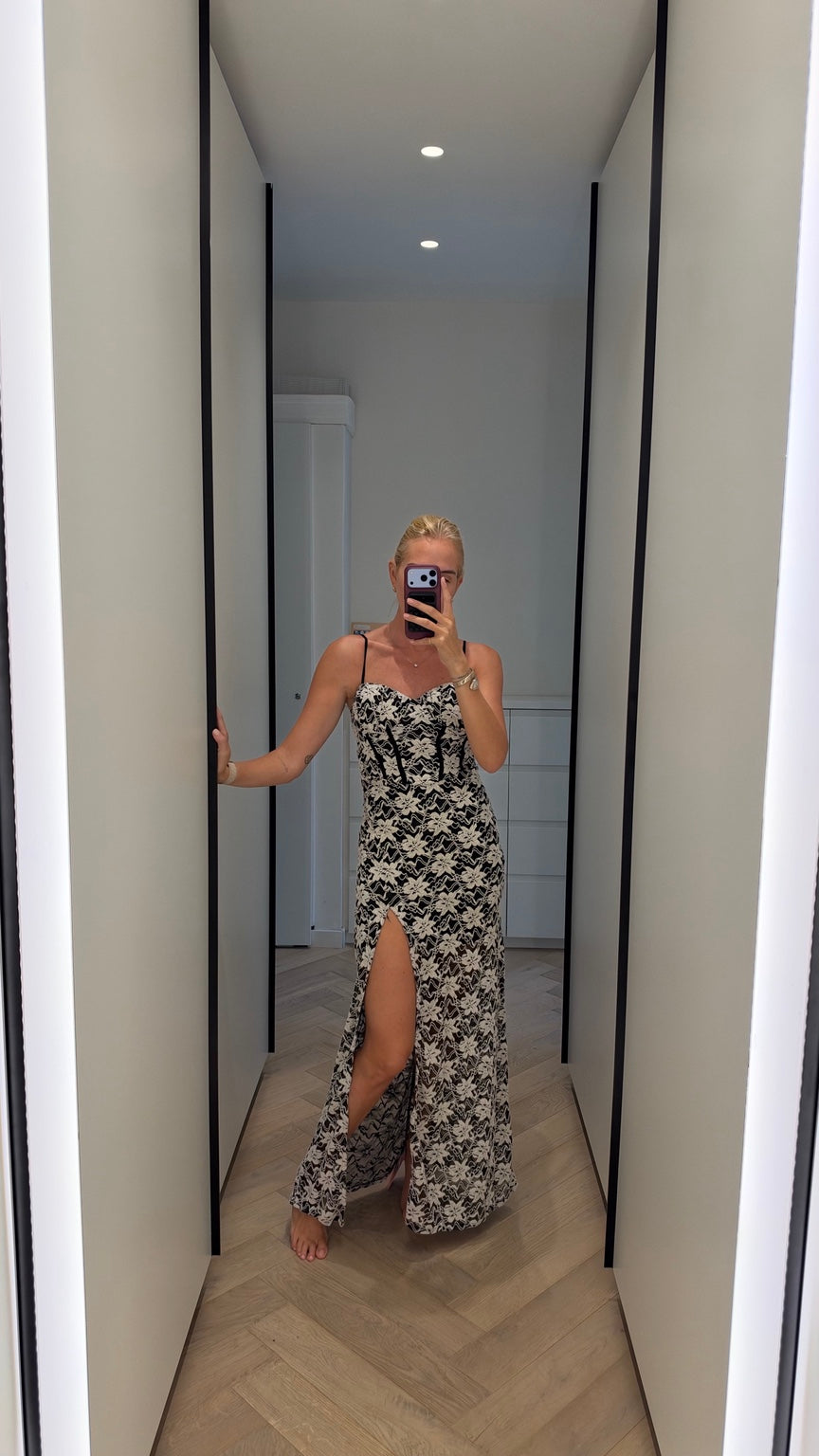 Black and ivory floral maxi dress, front view