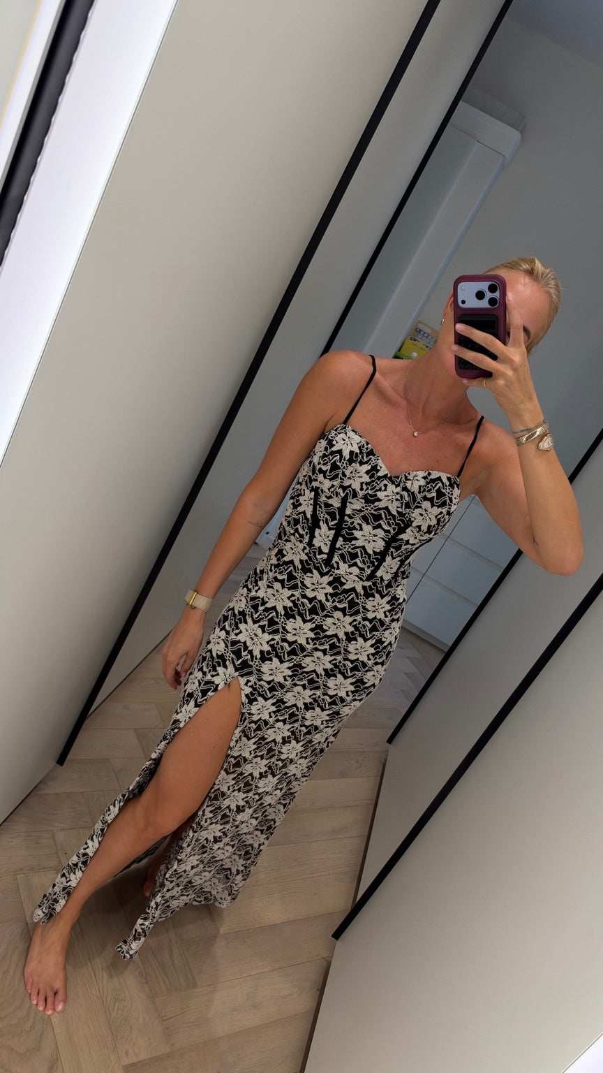 Black and ivory floral maxi dress, detail view