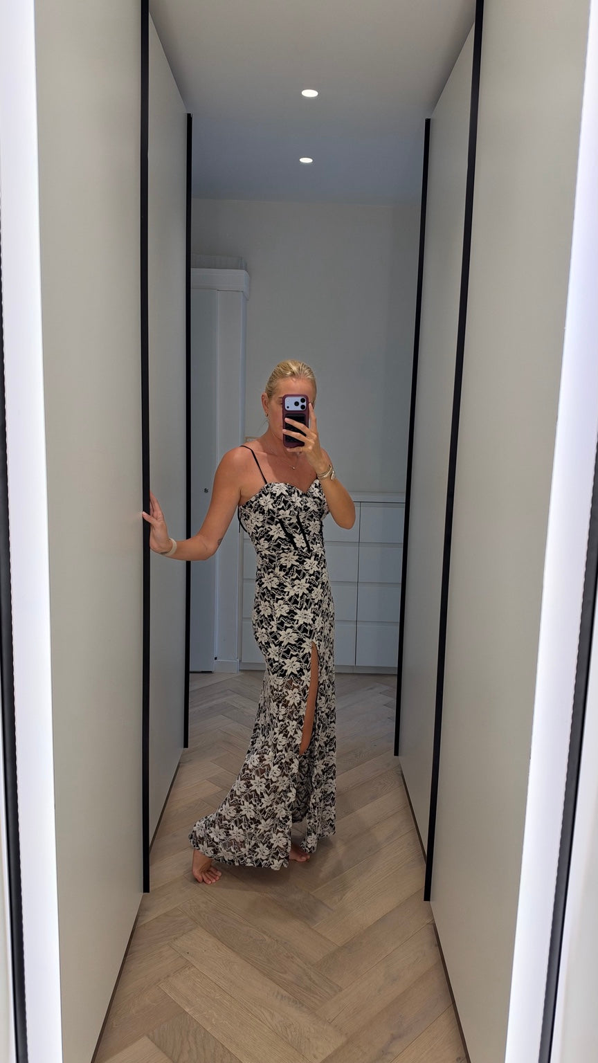 Black and ivory floral maxi dress, alternate view