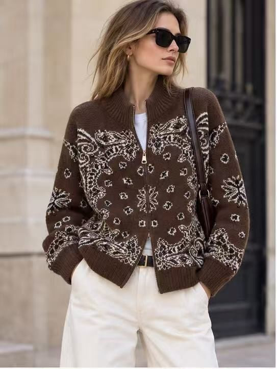 Paisley Zip-Up Knit Cardigan