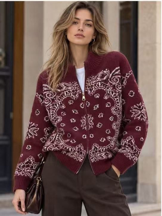 Paisley Zip-Up Knit Cardigan