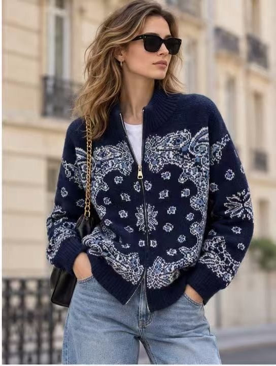 Paisley Zip-Up Knit Cardigan