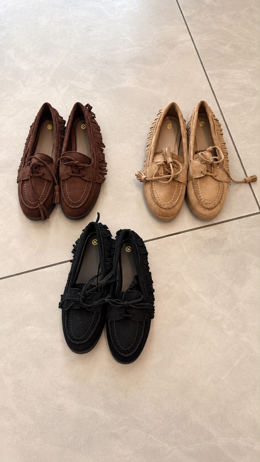 Sienna Fringe Loafers in chocolate, camel and black