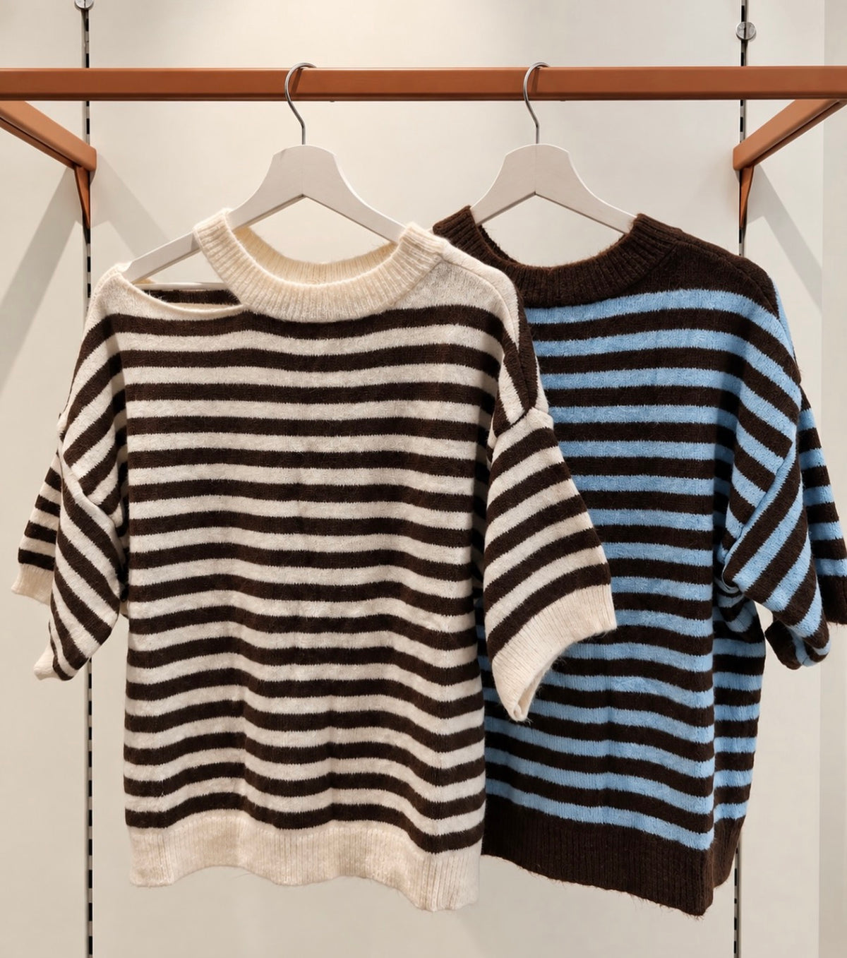 Striped knit top in cream-brown and blue-brown